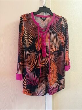Vibrant Palm-Print Lace-Up Blouse in Hot Pink & Orange